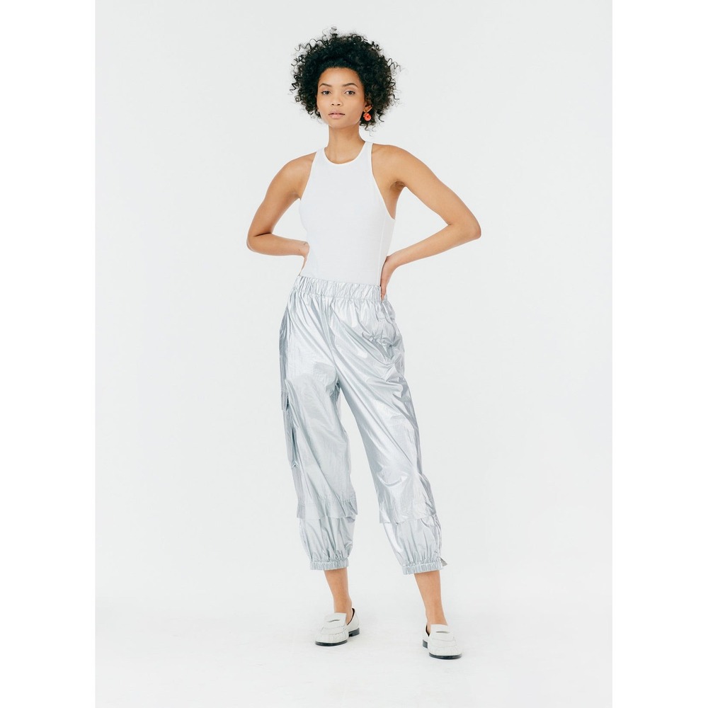 Tibi Metallic Wilt Joggers Women XS Silver Nylon CP Pull on Casual Edgy Cargo